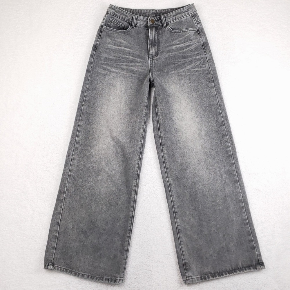 SHEIN Teen Girls Grey Wide Leg Jeans Size 13Y Baggy Denim High Rise Stretch